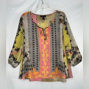 Style & Co Boho Floral Peasant Top Pink‎ Yellow Black Button Lightweight Sz L